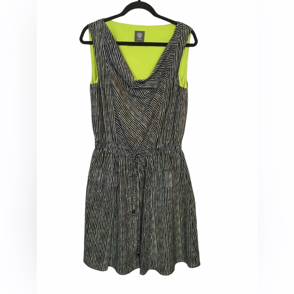 14 Vince Camuto Cowl black white Dress Striped Pockets Neon Green pop color